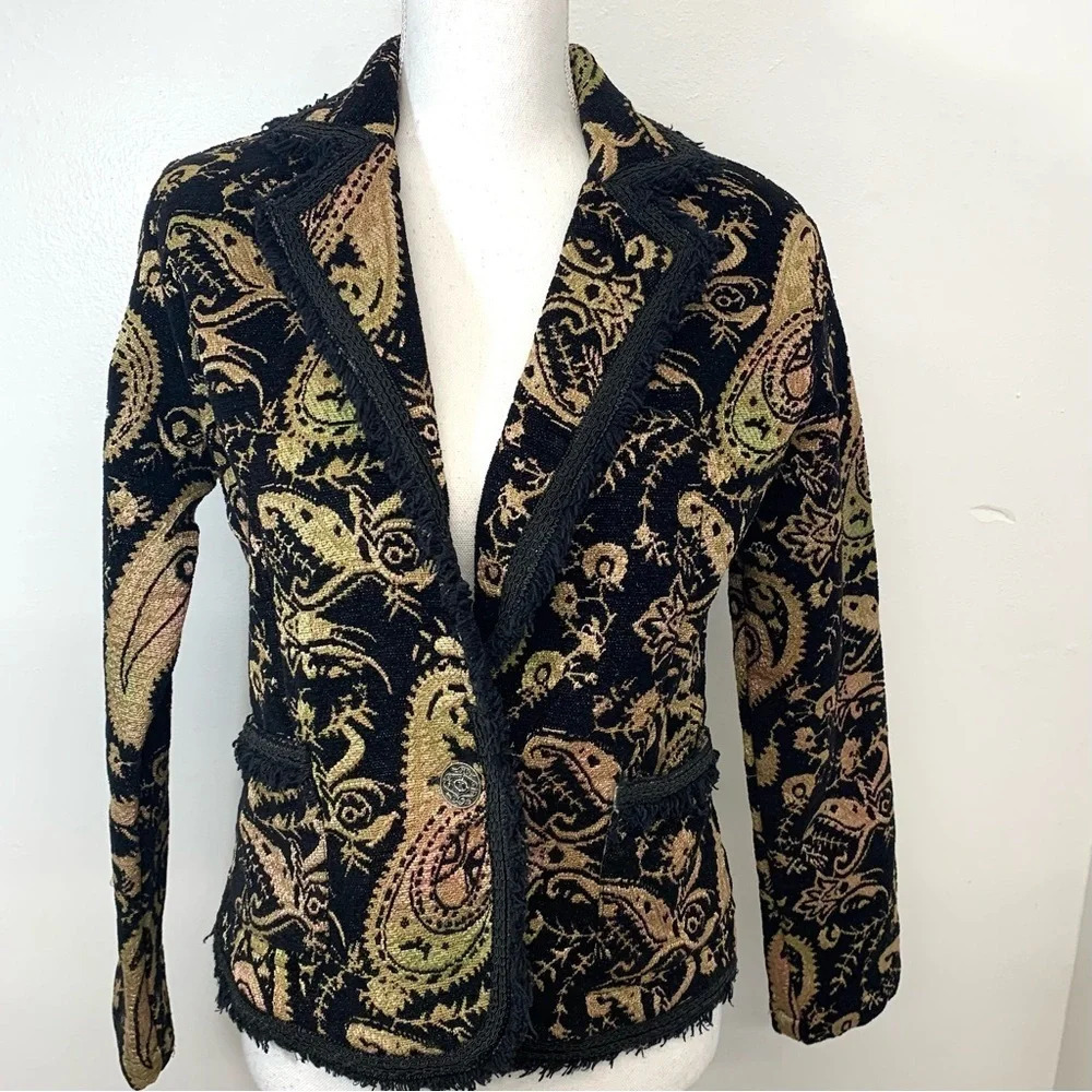 Chicos 0 Tapestry Jacket Blazer Woman Small‎ Floral Fringe Pockets Western Boho